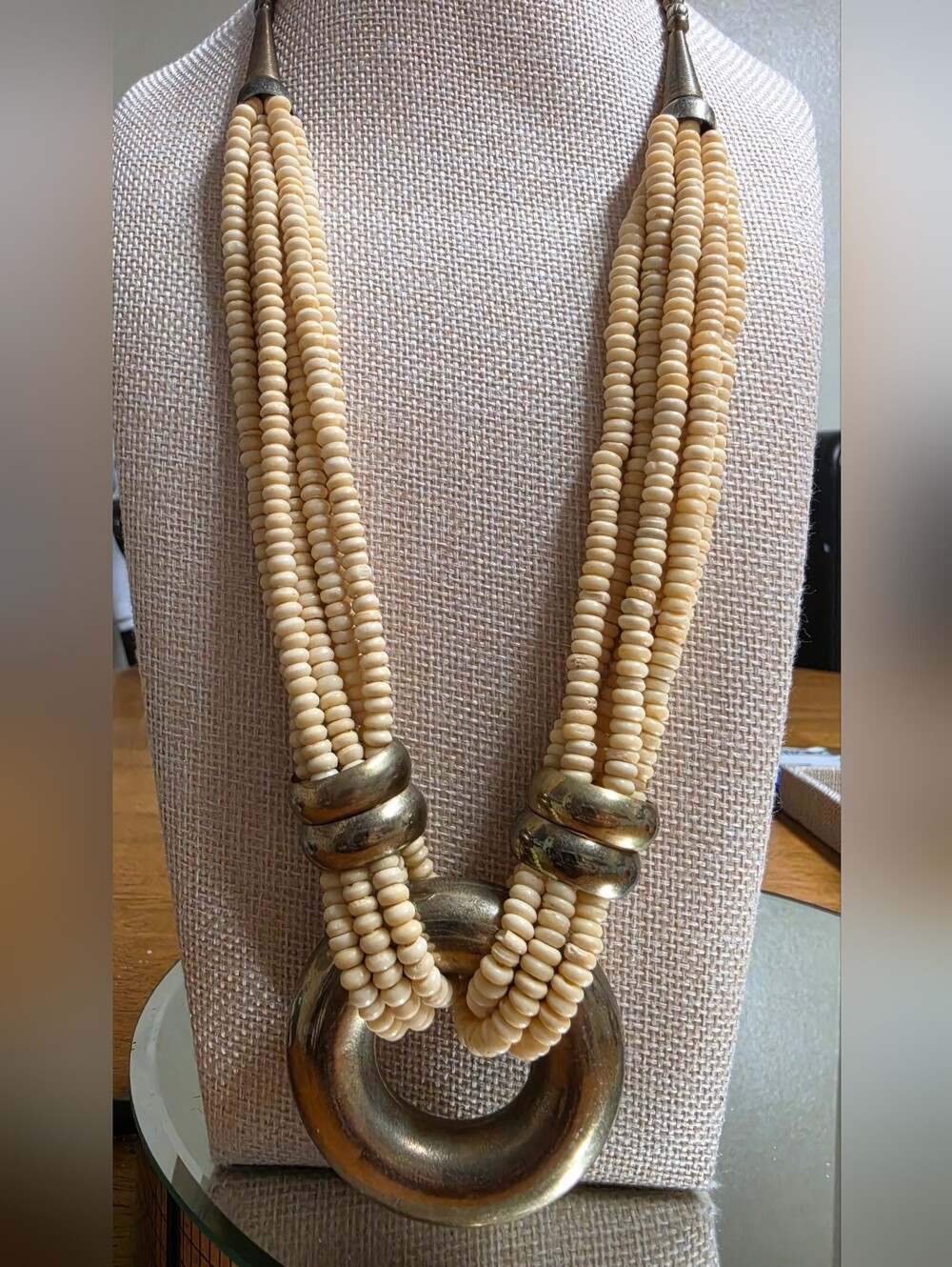 Vintage Bone and Brass Donut 6 Strand Statement Necklace